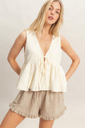 Blusa Peplum para Mujer sin Mangas con Escote en V y Ajuste con Lazo Casual Elegante