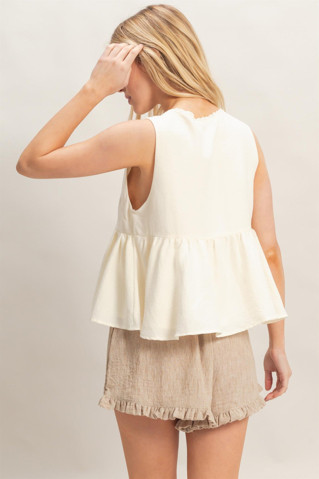 Blusa Peplum para Mujer sin Mangas con Escote en V y Ajuste con Lazo Casual Elegante